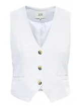 Chaleco sastrero de lino y viscosa marca JDY, color blanco, con escote en V, cierre frontal de tres botones y bolsillos ribeteados.