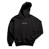 Canguro negro con capucha y bolsillo frontal tipo canguro. Presenta un bordado o estampado en el pecho con el logo de la marca en tipografía gótica y una etiqueta pequeña en la parte inferior.