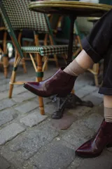 Botas de cuero con estampado de piel de serpiente en tonos burdeos y marrón con brillo dorado. Diseño de punta alargada, altura hasta el tobillo, cierre lateral y mini taco de 2.5cm.