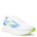Championes deportivos Umbro modelo Pointed, de color blanco con detalles gráficos en azul y verde neón. Presentan una estructura de malla transpirable, cierre con cordones y una suela de goma con refuerzo en color verde neón en la puntera y el talón.