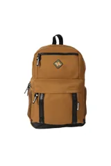 Mochila de color beige con compartimento principal y bolsillo frontal con cierre, bolsillos laterales de red y asa de mano superior. Presenta cintas decorativas con el nombre de la marca y el logo de Discovery en el frente.