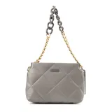 Cartera bandolera color gris de cuero sintético con diseño acolchado. Tiene correa regulable, cierre principal y dos compartimentos internos con bolsillos.