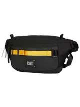 Riñonera negra con correa ajustable y hebilla de liberación rápida. Presenta un diseño utilitario con múltiples bolsillos con cremallera, incluyendo un bolsillo interior plano. Destaca por una cinta frontal amarilla con el logo CAT® en negro.