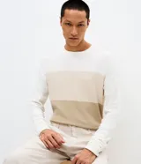 Suéter de corte regular y cuello redondo, confeccionado en viscosa y poliamida con textura de tricot. Presenta diseño de bloques de color en tonos blanco, beige y marrón claro con superficie texturizada.