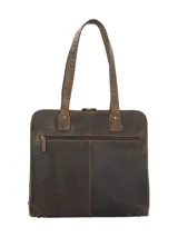 Cartera tipo tote bag marca RKF, confeccionada en cuero 100% natural color marrón con diseño grabado de hojas y ramas en relieve. Cuenta con doble asa de hombro del mismo material, cierre superior y un discreto logotipo grabado en la parte frontal.