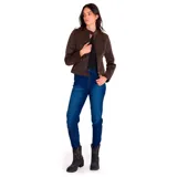 Chaqueta estilo moto de tela encerada color marrón, con cierre frontal metálico, cuello tipo mao con broche a presión y bolsillos con cierre en los laterales.