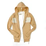 Campera con capucha color durazno, con cierre frontal y bolsillos laterales.