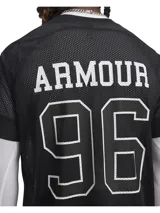 Musculosa deportiva Under Armour de malla perforada, color negro, con cuello en V y estampado frontal con la palabra 'ARMOUR' y el número '96'.