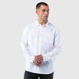 Camisa de manga larga confeccionada en mezcla de lino y algodón, con cuello clásico, cierre frontal de botones y bolsillo en el pecho.