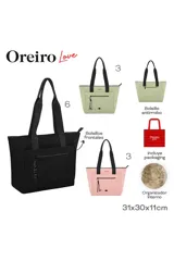 Cartera tipo tote de Las Oreiro, color negro, con tiras fijas, bolsillo frontal con cierre y detalle de logo de labios metálico en la parte inferior.