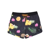 Short de baño negro con estampado de flores, frutas y hojas.