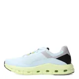 Championes deportivos unisex con diseño moderno, capellada de malla blanca y refuerzos en tono verde agua. Presentan una mediasuela voluminosa de color celeste con orificios laterales para mayor amortiguación y suela negra.