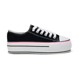 Zapatillas acordonadas de tela color negro con plataforma blanca y detalles en rojo.