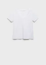 Camiseta de manga corta con cuello en pico, confeccionada en tejido de algodón ligero con corte regular y diseño recto.