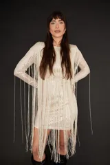 Vestido corto de manga larga confeccionado en tela con lentejuelas brillantes, caracterizado por sus largos flecos que caen desde los hombros hasta el ruedo. Presenta un corte ajustado al cuerpo y cuello redondo.
