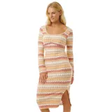 Vestido midi de punto con rayas horizontales en tonos beige, naranja y rosa.