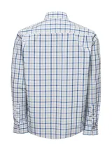 Camisa de manga larga RKF modelo Lighter, confeccionada en popelina de algodón orgánico. Presenta un diseño de cuadros en tonos azul y blanco, cuello clásico, cierre frontal con botones y un bolsillo en el pecho con logo bordado.