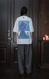 Remera blanca de corte oversize y manga corta, confeccionada en algodón premium. Presenta un estampado gráfico en la espalda con una ilustración estilo cómic de un caballero medieval con una copa y un celular, haciendo referencia a la carta del tarot 'Caballero de copas'.