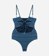 Malla enteriza de poliamida con diseño de rayas horizontales en azul y negro. Presenta escote recto, breteles finos y cierre en la espalda.