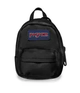 Mini mochila decorativa JanSport color negro, con bolsillo frontal y parche de la marca. Diseñada como accesorio tipo charm para colgar en bolsos o mochilas.