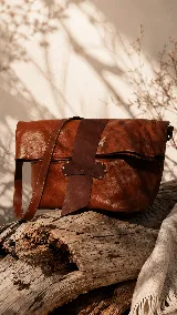 Bolso tipo bandolera de cuero color marrón, con diseño de solapa plegable y detalle de tira central en cuero más oscuro con logo grabado. Presenta una correa larga ajustable y una silueta amplia y versátil.
