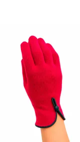 Guantes de tejido de punto en color fucsia, con detalle de cierre de botón tipo alamares en la muñeca y ribetes en color oscuro.