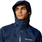 Campera cortaviento Columbia modelo Evapouration II, color azul marino, con capucha integrada, cierre frontal impermeable, ventilación en axilas y puños ajustables.