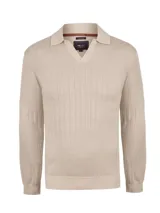 Sweater de punto RKF modelo Rocco para hombre, color beige, de manga larga, con diseño acanalado vertical y cuello polo con escote en V.