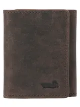 Billetera trifold de cuero marrón con textura rústica y detalle de logo metálico en forma de pato en la esquina inferior.
