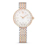 Reloj Swarovski Certa de acero inoxidable con baño en tono oro rosa y plateado. Cuenta con caja redonda, bisel con cristales en pavé, esfera guilloché blanca con índices de cristales y brazalete metálico de siete eslabones bicolor.