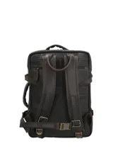 Mochila maletín de cuero color marrón, con compartimento principal y bolsillo frontal con cierre, asas de mano superior y lateral, y compartimento para notebook.