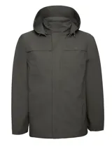 Impermeable de hombre RKF color verde militar, fabricado con poliéster reciclado, cuenta con capucha ajustable y desmontable, cierre frontal con solapa y bolsillos laterales.