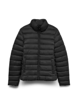 Campera puffer corta de mujer, con diseño acolchado, cuello alto, cierre frontal completo y bolsillos laterales. Confeccionada en nylon liviano.
