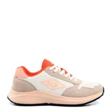 Championes Umbro modelo Volcan II para mujer, en tonos beige, blanco y detalles en naranja y rosado. Combinan paneles de tela y gamuza sintética, con cordones blancos y suela alta en tono salmón.