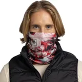 Cuello multifuncional de la colaboración Buff x 686, diseñado con tecnología Thermonet para un alto rendimiento térmico. Presenta un estampado abstracto con tonos rosados, rojos y negros, confeccionado con fibras aislantes PrimaLoft y tejido transpirable sin costuras.