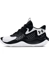 Championes de básquetbol Under Armour modelo Jet 23, con diseño bicolor en blanco y negro. Presentan una parte superior de materiales mixtos para mayor soporte y transpirabilidad, entresuela Micro G® para amortiguación y suela de goma con patrón de tracción anatómico.