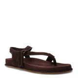 Sandalias de cuero marrón, diseño plano con tiras separadoras de dedos y tira ajustable en el talón.