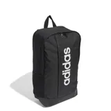 Mochila Adidas negra con logo blanco vertical en el frente. Tiene un compartimento principal espacioso, un bolsillo frontal con cierre, bolsillos laterales de malla, un compartimento interno para laptop, correas acolchadas ajustables y asa superior.