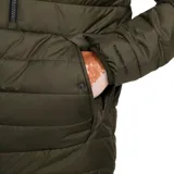 Campera puffer negra con cuello alto, cierre frontal completo y logo de Nike bordado en blanco en el pecho.