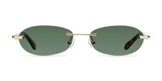 Lentes de sol ovalados con montura dorada y lentes verdes.
