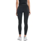 Calza deportiva New Balance de color negro, con cintura elástica de tiro alto que presenta detalles de líneas horizontales blancas y el logo de la marca en el centro.