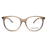 Lentes de receta Linea Roma con armazón de acetato en tono marrón traslúcido y detalles enchapados en oro de 18k en las bisagras. Diseño de forma redondeada con puente anatómico.