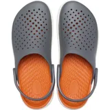 Zuecos Crocs modelo InMotion LiteRide Clog, de color gris en la parte superior perforada con tira trasera pivotante y suela gruesa de plataforma en color blanco con detalles negros.
