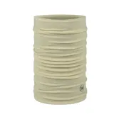 Bufanda tubular de lana merino, diseño versátil y ligero, color beige liso con logo de la marca estampado.