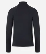 Blusa negra de microfibra con cuello alto y cierre frontal con cremallera, de manga larga y corte ajustado.