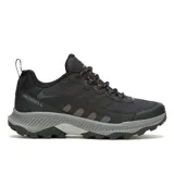 Championes de trekking Merrell modelo Speed Strike 2, color negro con entresuela gris. Presentan un diseño atlético con parte superior de malla y material sintético, cierre con cordones y suela de goma con tracción duradera.