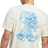 Remera de algodón color blanco con cuello redondo y mangas cortas. Presenta el logo de Adidas Trefoil en azul en el pecho y un diseño gráfico de un dragón en azul en la espalda.