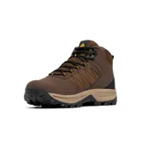 Bota de senderismo Columbia Transverse Hike, color marrón con detalles en negro y beige. Presenta construcción impermeable y transpirable, con parte superior de piel y malla, entresuela amortiguadora y suela de alta tracción.