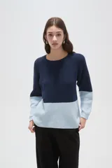 Sweater de tejido de punto con diseño color block, combinando azul marino en la parte superior y celeste en la inferior. Presenta cuello redondo a la base y mangas largas.