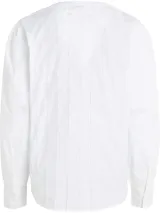 Blusa blanca de algodón orgánico con cuello en V, mangas largas abullonadas con puños abotonados y detalles de encaje vertical.